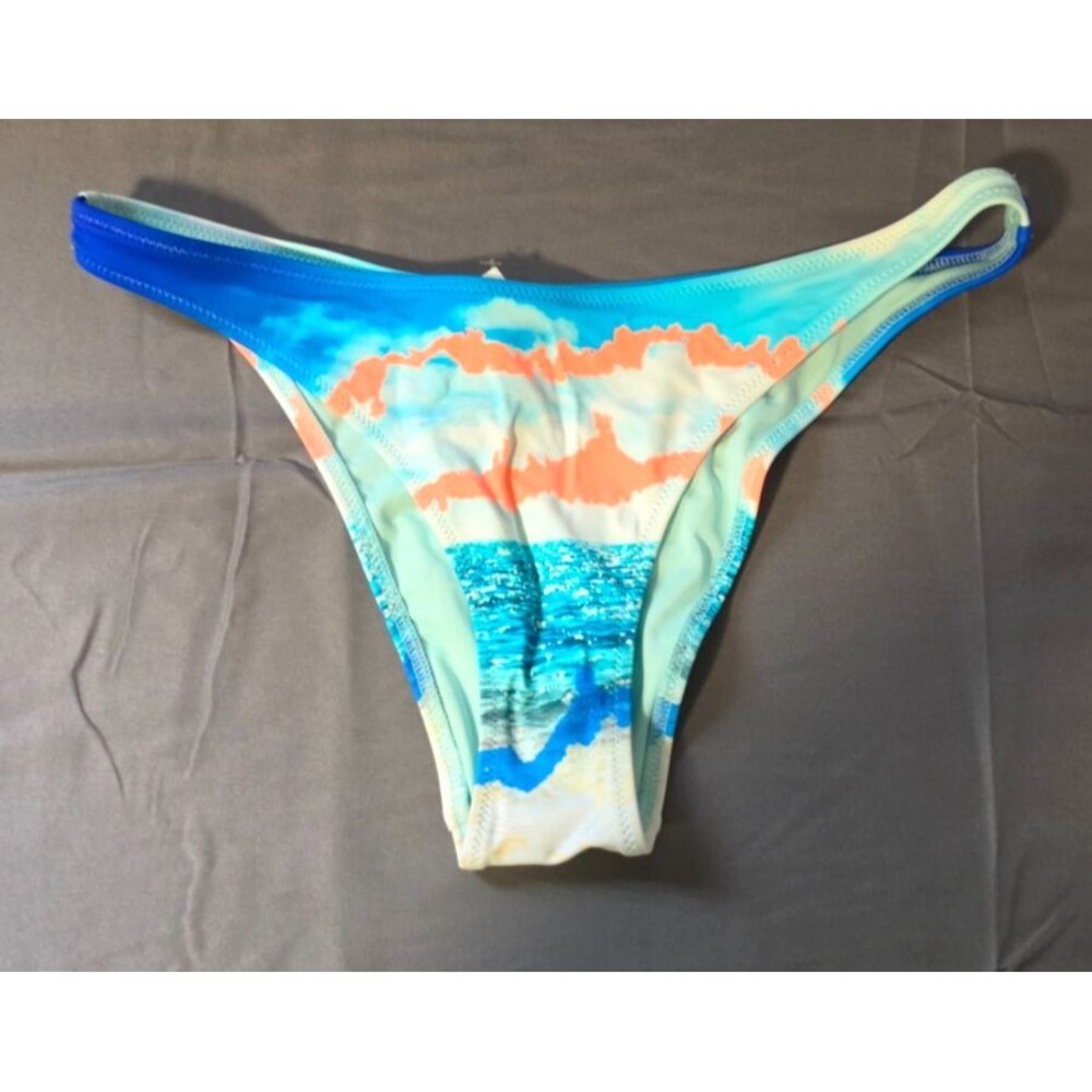 Aerie Blue Orange Beach Scene Cheeky Swim Bathing Suit Bottom New S UPF50